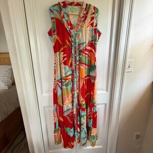 True Destinations sleeveless button down tropical vacation dress size small